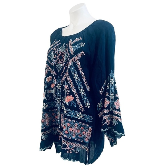 JOHNNY WAS Lina Tunic Embroidered Flowy Rayon Floral Ethereal Print Navy Size M - Picture 7 of 13